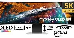 BOITE ABIMEE Odyssey G9 49'' OLED 5120 x 1440 -240 Hz incurvé-0,03ms Inclinaison • Hauteur / Audio (10W) HDMI (x2) • DisplayPort • USB-C 3.1 Gen 1 (x2)