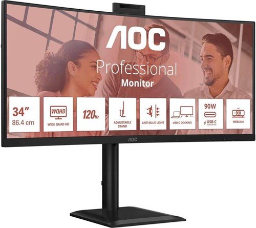 AOC Ecran incurvé 34i 3440x1440 2xHDMI, DP, USB-C - Garantie 5y DP x 1x 1.2 Rotation • Inclinaison • Hauteur • Pivot